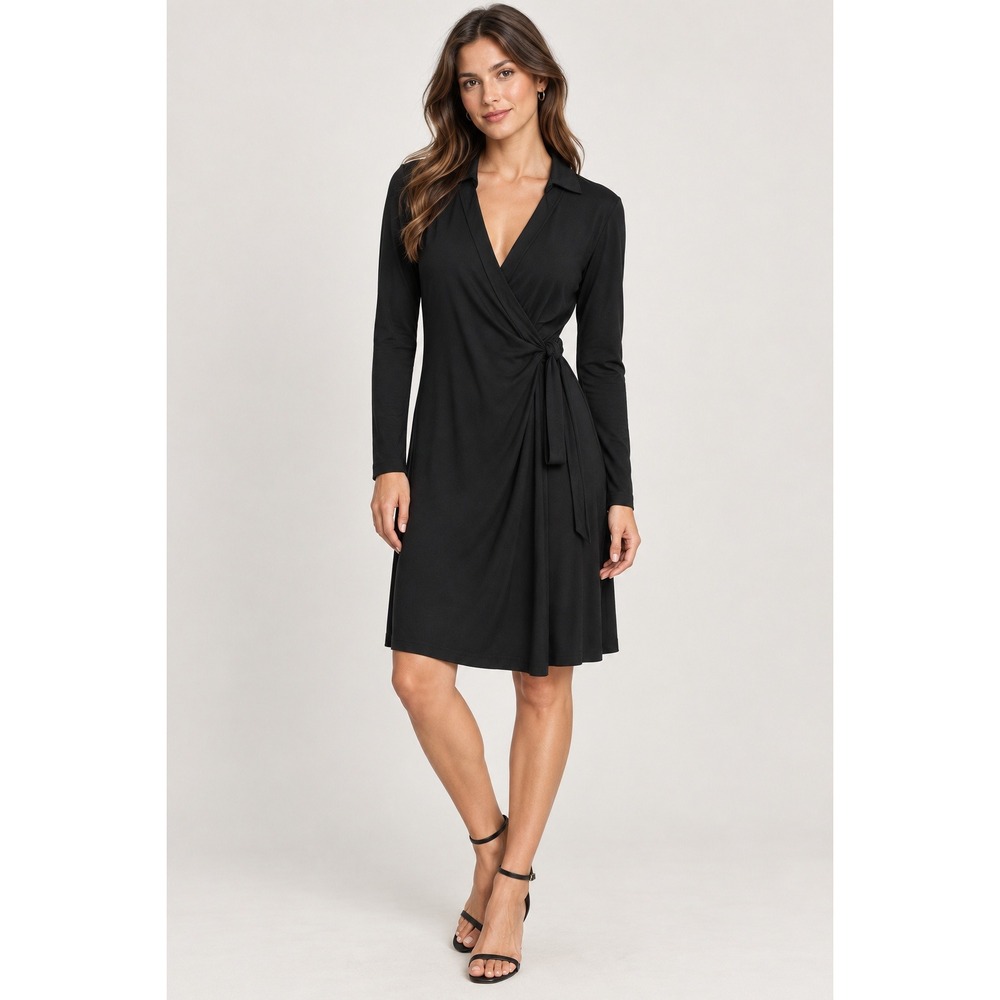 Quince 100% Silk Jersey Long Sleeve Wrap Dress Black Collared V-Neck L